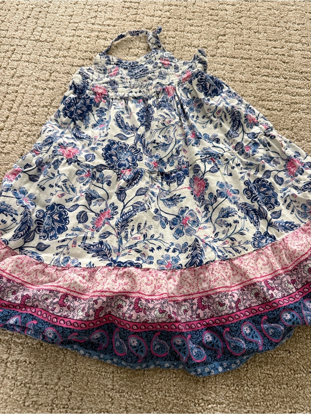 Old Navy White Maxi Dress with Blue Floral and Pink Trim